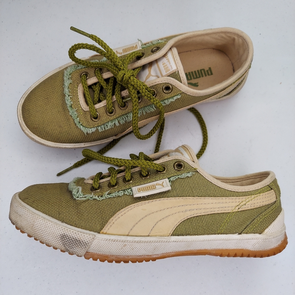 Puma Sneakers 7.5 Green Cream Woven Flat Casual Retro Rustic Shoe